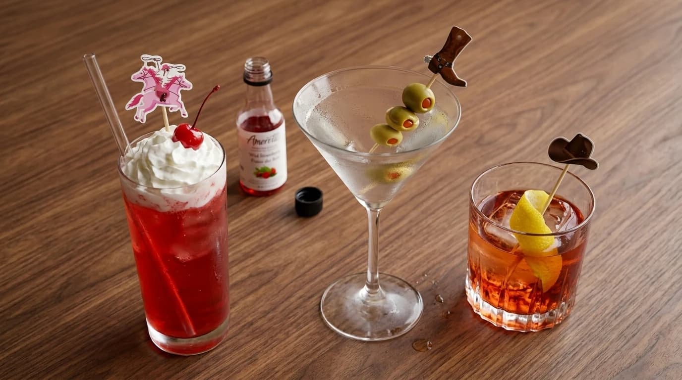 Three colorful drinks with playful Western cocktail picks