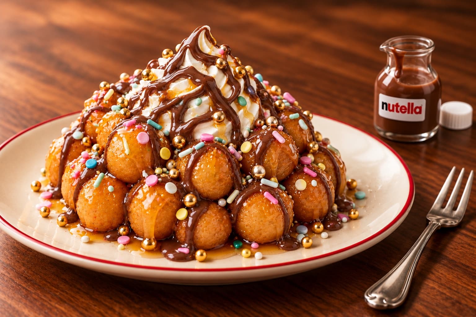A shareable tower of golden fried dough drizzled with chocolate and caramel, topped with whipped cream and sprinkles