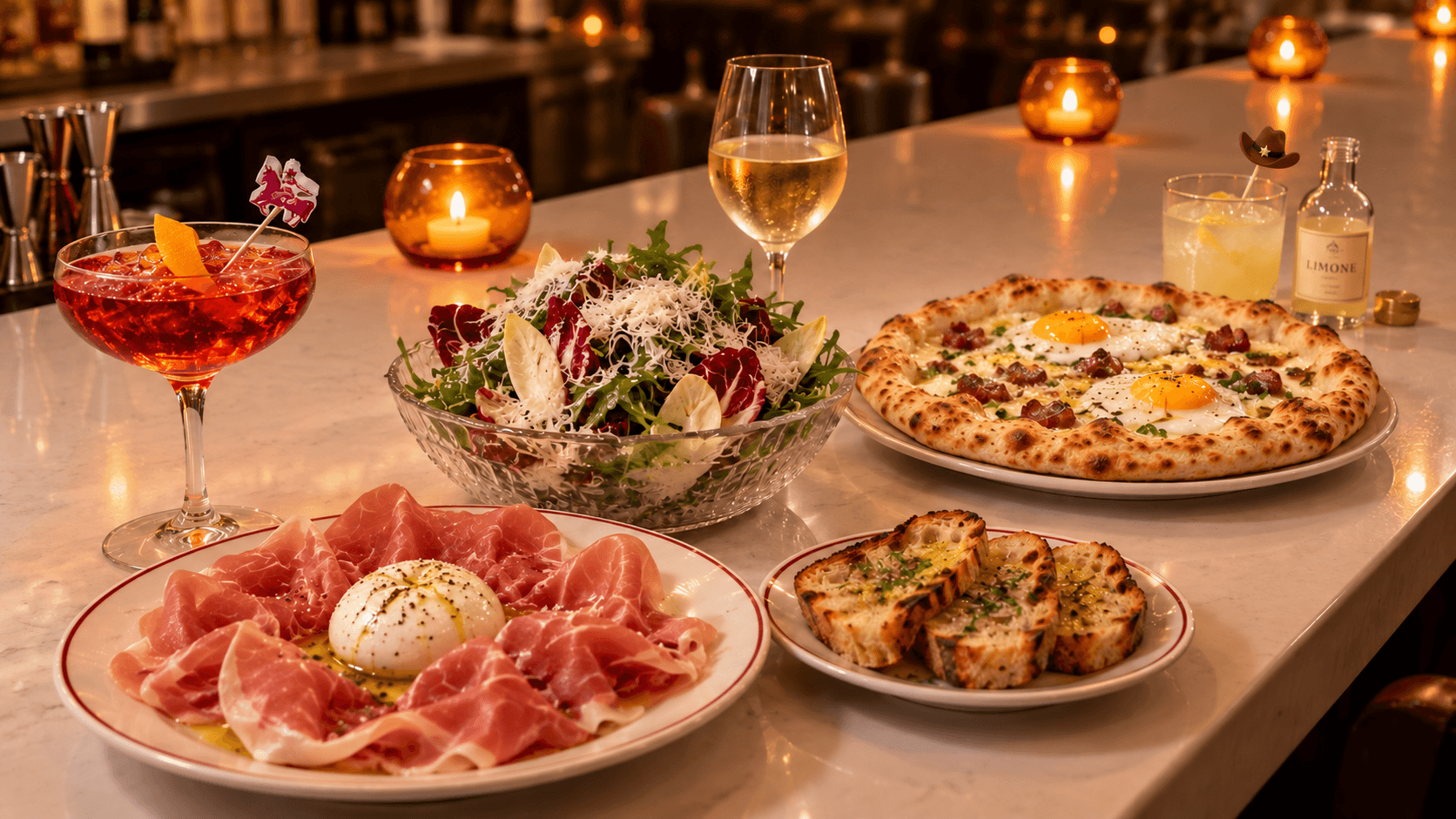 Pizza, salad, burrata, and cocktails at the Spaghetti Western bar