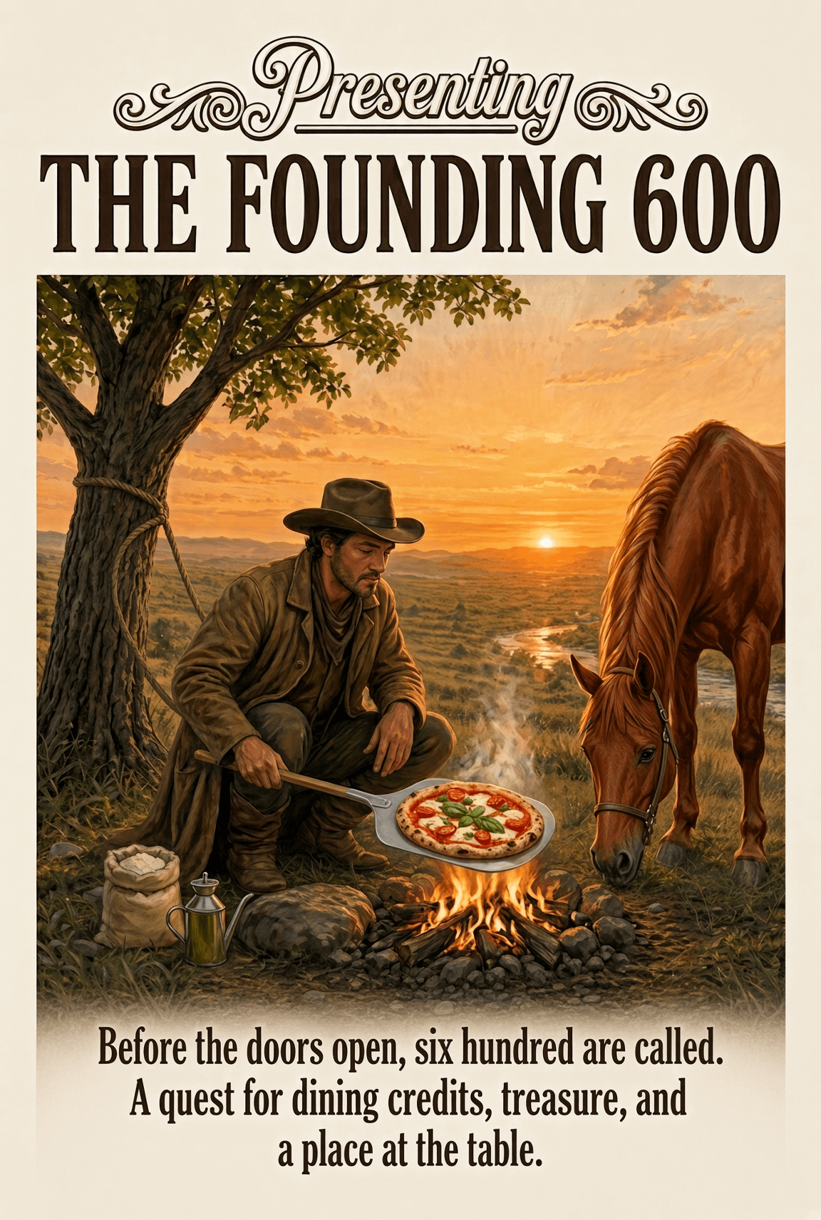 Presenting The Founding 600: a cowboy cooks pizza beside his horse at sunset.