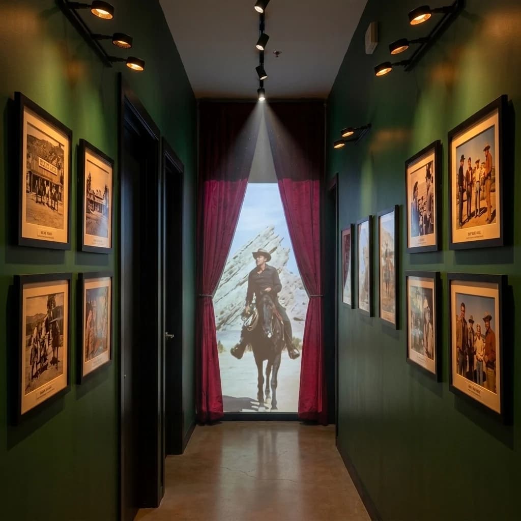 Green hallway with Western photographs, ceiling spotlights, and a cowboy projection between red curtains